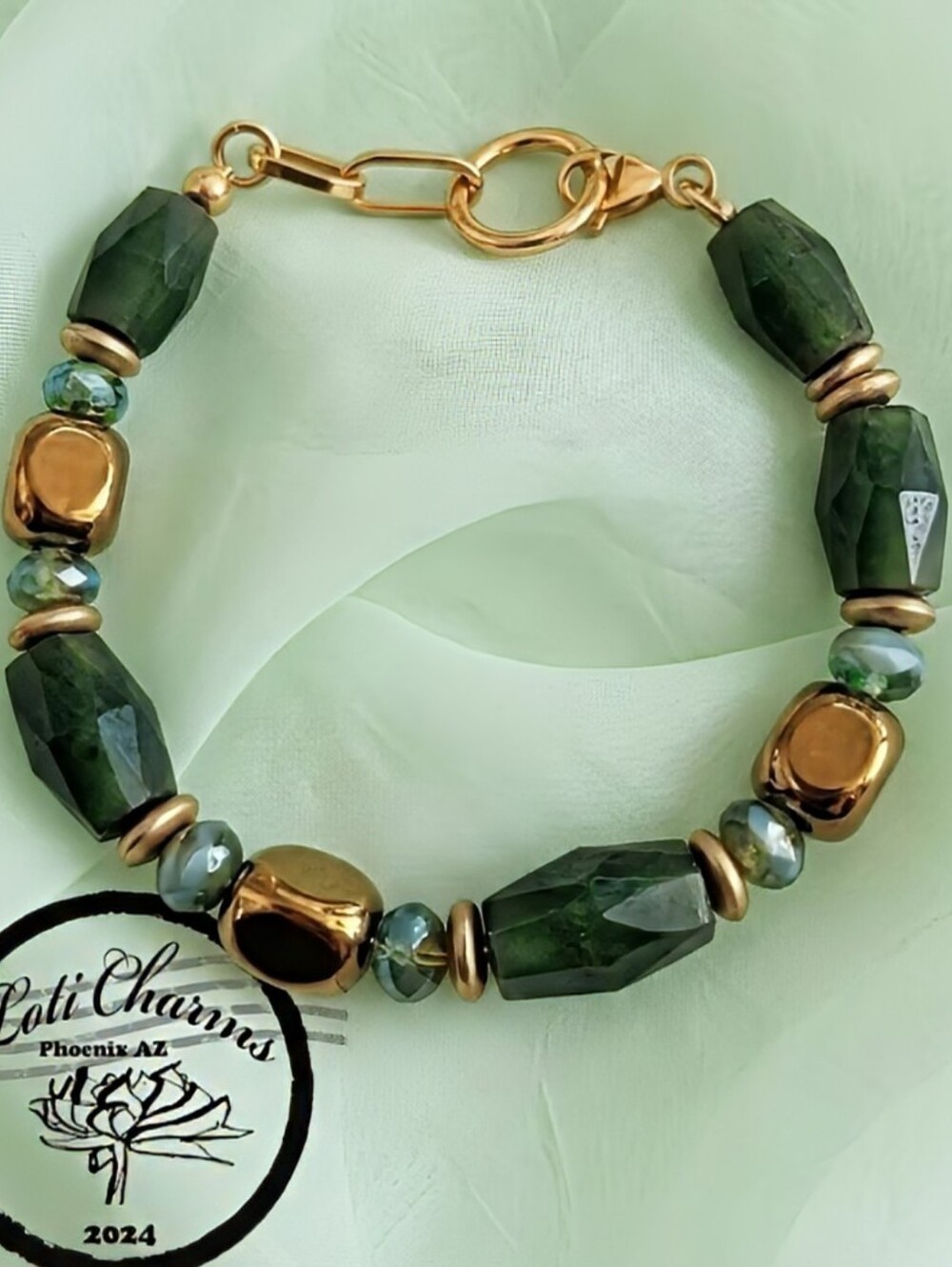 Large Natural Green Jade Barrel, Picasso Beads & Gold Nugget Bead Bracelet